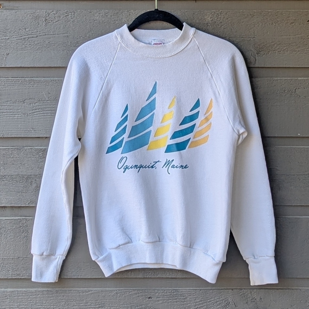 VTG 80s Ogunquit Maine Jerzees By Russell White Crew Neck Sweatshirt Kids Large